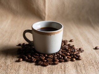 Rustic Coffee Cup on Burlap with Scattered Coffee Beans.