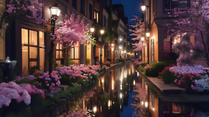 Naklejka premium Blooming Pink Flowers by the Riverside at Night