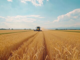 Naklejka premium golden fields of ripe wheat swaying gently in the breeze, a combine harvester actively reaping the harvest under a bright blue sky, showcasing the beauty of agriculture