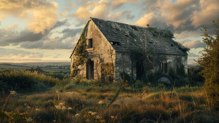 Obraz premium Forgotten Barn in the Countryside: A photograph of an old barn in ruins, surrounded by tall grass and weeds, evoking the passage of time and the decline of rural life.