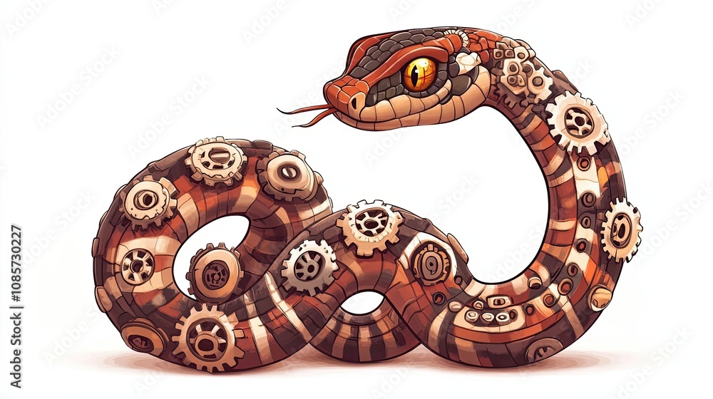 Poster a mechanical snake constructed from gears and cogs
