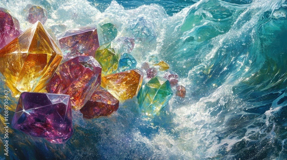 Poster vibrant crystals surrounded by ocean waves creating a stunning visual display of color and texture i