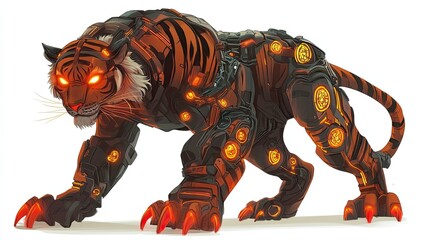 Fototapeta premium A Mechanical Tiger with Glowing Orange Eyes and Claws