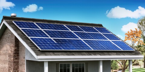 Naklejka premium Bright and Clear Day with Solar Panels on Roof of Modern House Surrounded by Lush Greenery and Blue Sky with Fluffy White Clouds Adding to Sustainable Energy Concept