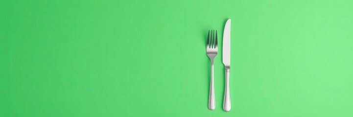 Assortment of silver flatware on a vibrant green background, cutlery, green background, kitchen