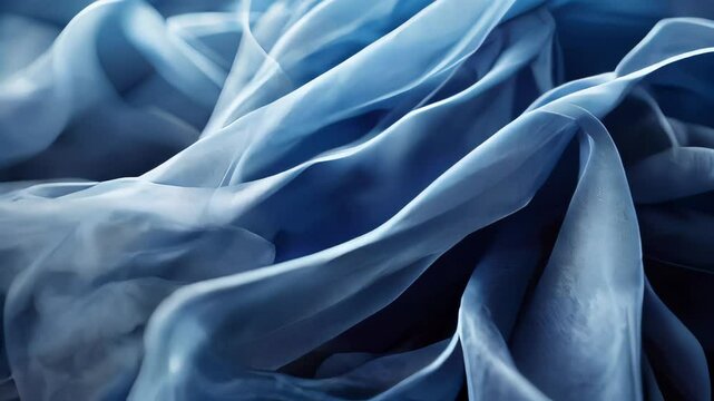 Animated light airy blue fabric background made of organza or tulle with beautiful folds, fabric texture with waves