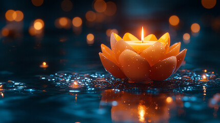lotus flower candle glowing softly on a golden-blue bokeh background, symbolizing peace, purity, and enlightenment