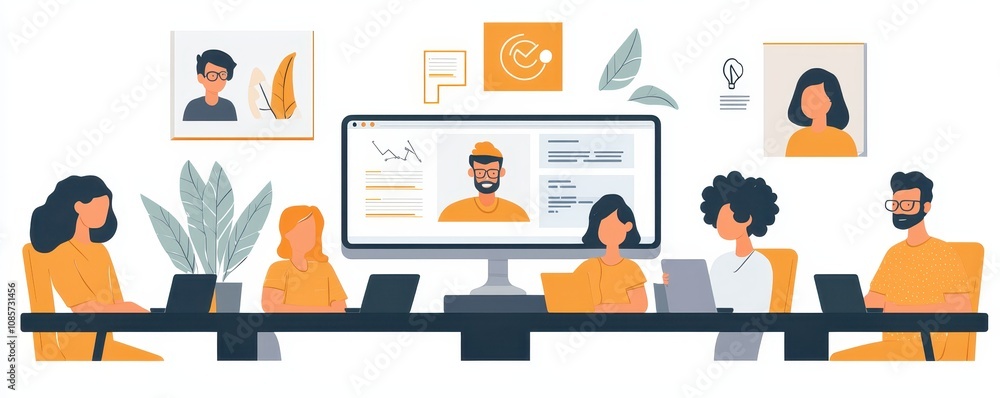 Poster a collaborative workspace featuring diverse individuals engaged in a discussion, with digital interf
