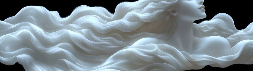 A serene, ethereal sculpture of a woman with flowing white hair, embodying grace and beauty. The intricate details create a dreamlike quality against a dark background.