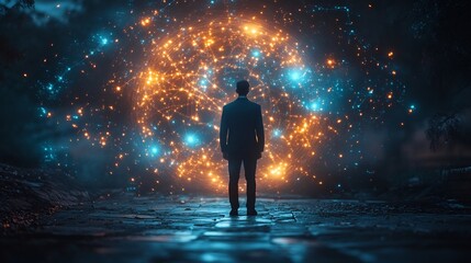 Businessman visualizing corporate roadmap through a glowing digital sphere featuring success pathways and interconnected global opportunities