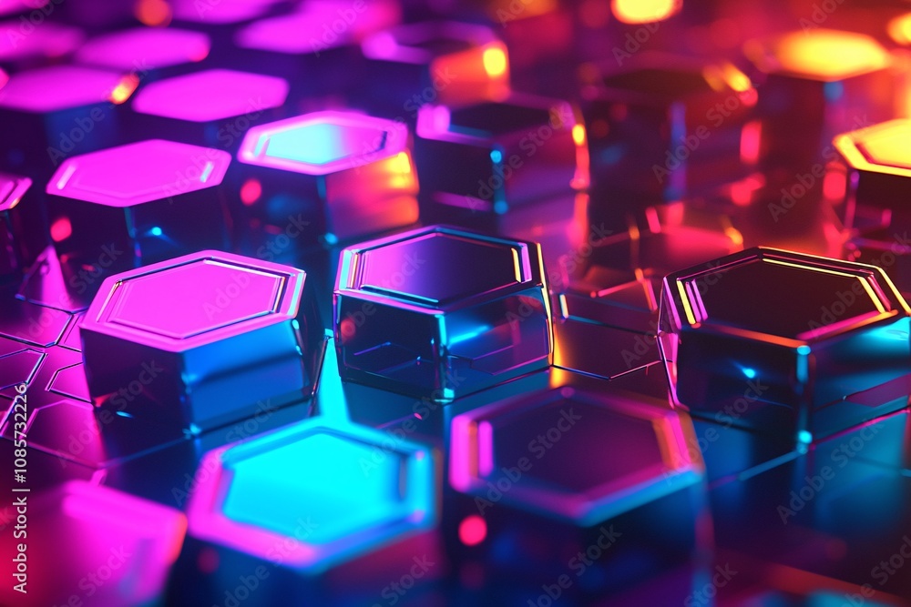 Poster abstract hexagon pattern neon lights colorful 3d render geometric background shiny sur