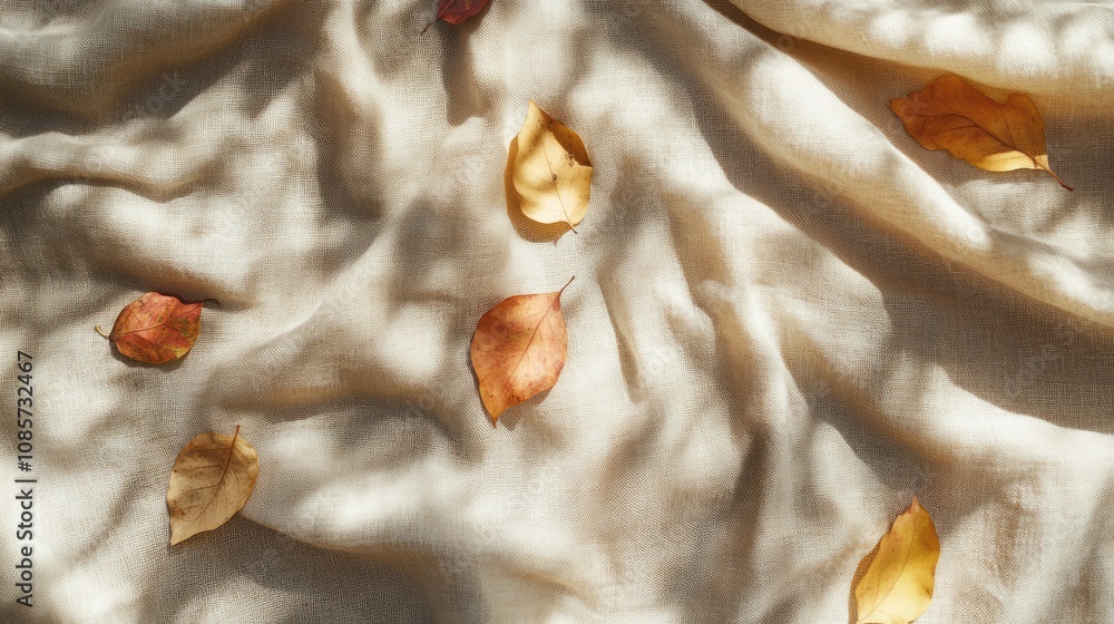 Poster soft fabric background with autumn leaves and gentle shadows creating a cozy and warm atmosphere sui
