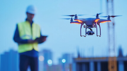 High-resolution view of a hovering drone capturing real-time data on a construction site, with a blurred worker in the background, emphasizing the integration of modern technology