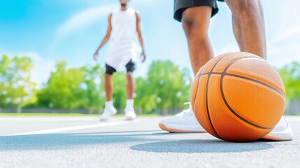 Outdoor basketball game on sunny day: focused action and athletic competition