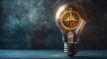 Creative Light Bulb with Compass Inside Symbolizing Direction and Inspiration for Innovative Ideas and Guidance in Personal and Professional Growth