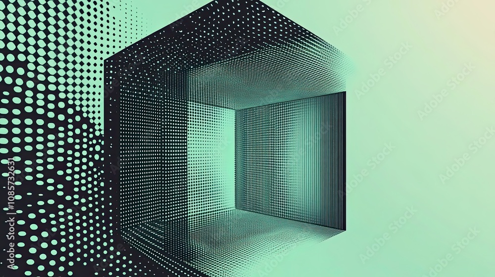 Poster abstract cube composed of green and black dot patterns