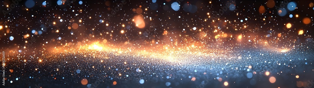 Poster a mesmerizing abstract image featuring a blend of sparkling golden and blue bokeh lights against a d