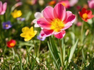 Close-up of a vibrant blooming flower in a field of lush green grass under the warm sun of spring, bloom, nature, flora