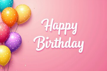 Colorful birthday balloons on pink background with happy birthday text.