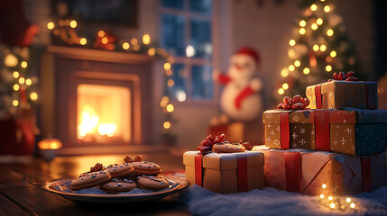 A cozy holiday scene featuring a stack of gift boxes, a plate of Christmas cookies, and a glowing fireplace in the background 