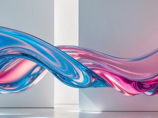 Abstract background with holographic liquid effect flowing and mixing in blue and pink colors.