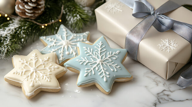 Close-up of intricately frosted Christmas cookies shaped like stars and snowflakes placed next to wrapped gift boxes with festive ribbons 