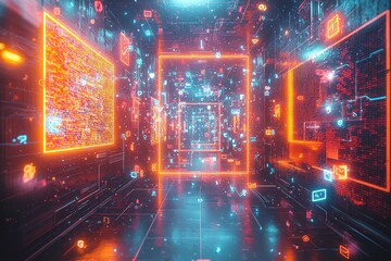 Futuristic neon data tunnel with glowing digital symbols in a cybernetic corridor
