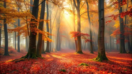 Obraz premium Autumnal Forest Path Sunlight Illuminates a Mystical Woodland Scene with Vibrant Red and Gold Leaves