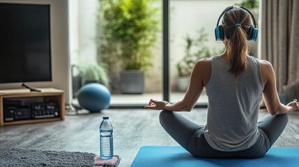 Photo of woman and drinking water, yoga and podcast in living room at home. Headphones, audio streaming and relaxing in living room at home.