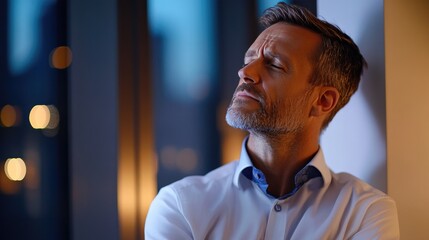 Obraz premium Photo of an adult businessman with neck pain from fatigue, exhaustion and muscle tension.