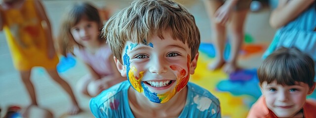 Group photo of children having fun with art, creativity and educational color games.