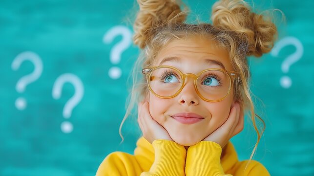 Curious child in glasses with question marks on turquoise background - Powered by Adobe