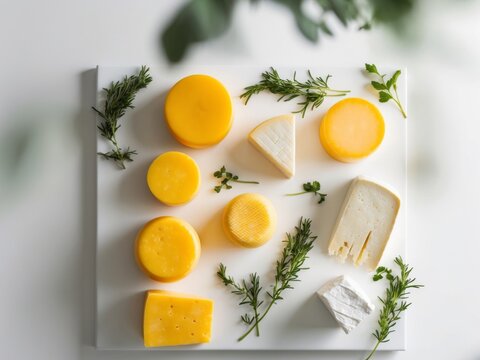 Assorted yellow cheeses with fresh herbs on a clean background.