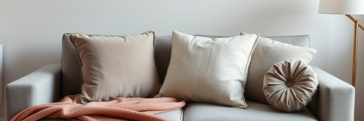 Grey background with a variety of cushions in different shapes, sizes, and textures, square, cozy, home