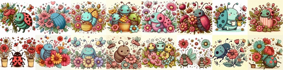 Obraz premium Cartoon bugs and flowers. AI generated illustration