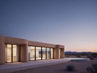 Fototapeta premium Modern desert home with expansive views at twilight showcasing architectural design.