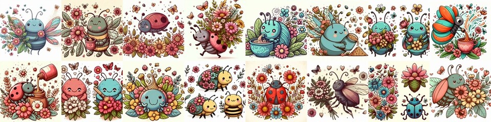 Cartoon bugs and flowers. AI generated illustration
