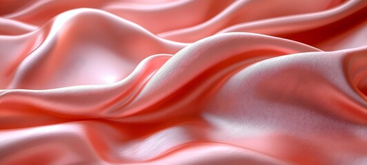 Obraz premium A close-up view of soft, luxurious, coral-colored silk fabric, showcasing its smooth, flowing textures and shimmering light reflections, evoking elegance and sophistication.