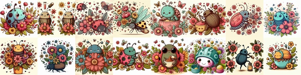 Naklejka premium Cartoon bugs and flowers. AI generated illustration