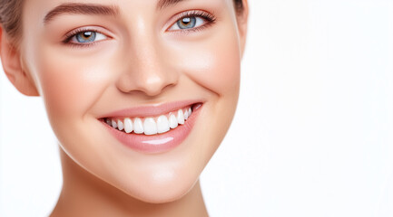 Obraz premium Portrait of a happy woman with a perfect smile, symbolizing dental care and natural beauty.happy woman, perfect smile, dental care, natural beauty, clean white background, healthy