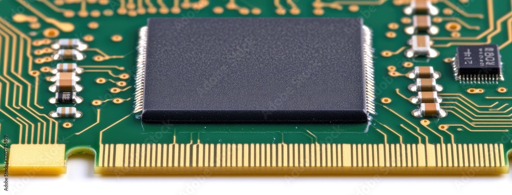 Poster close-up of an electronic chip revealing intricate design on a circuit board with a blurred backgrou