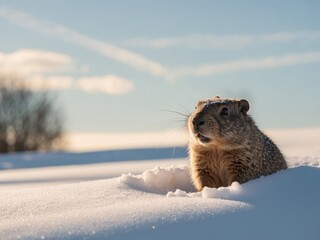 Obraz premium Groundhog is emerging from a snowdrift on a sunny winter day.