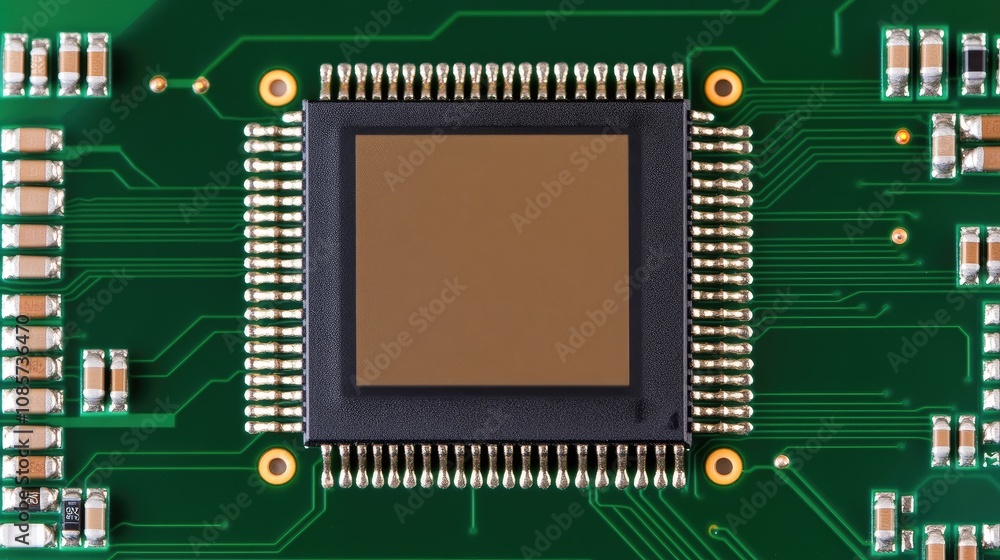 Poster a close-up view of an integrated circuit on a motherboard showcasing advanced technology and intrica