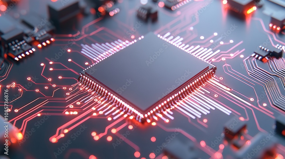 Poster intricate close-up of an advanced integrated circuit on a motherboard illuminated by data transfer i