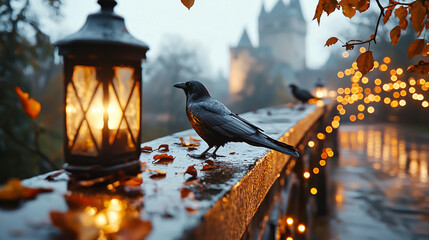 abandoned castle watchtower in misty dusk, rusted medieval armor on stone railing, autumn leaves scattered across wet cobblestones, distant castle spires barely visible through den