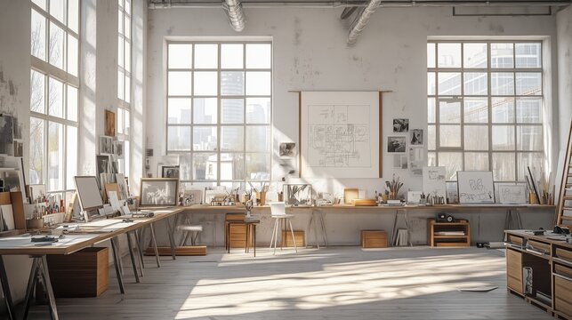 Artistic office vibes creative sketch environment with minimalist desk and pastel decor, featuring scattered sketches and drawing tool on clean surface