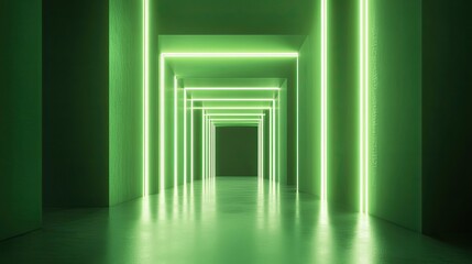 Fototapeta premium Green Neon Lit Hallway with Recessed Lighting