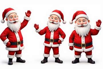 Three jolly santa clauses waving in classic red suits on a white background.