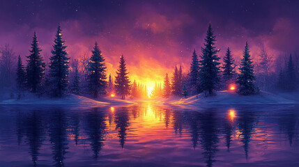 Fototapeta premium magical forest filled with Christmas trees adorned with glowing lights. The scene evokes warmth, holiday spirit, and wonder, symbolizing hope, peace, and the enchantment of the festive season