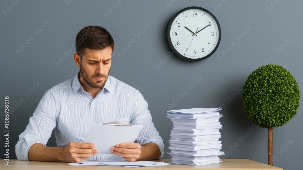 Poster office productivity challenge man analyzing documents modern workspace indoor setting focused mindse